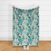 Cute floral tropical pattern. White flowers, turquoise leaves on a light green background.
