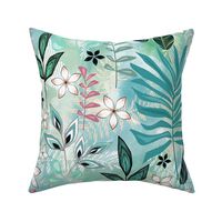 Cute floral tropical pattern. White flowers, turquoise leaves on a light green background.