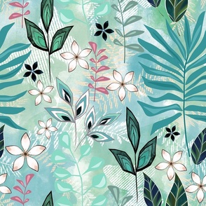 Cute floral tropical pattern. White flowers, turquoise leaves on a light green background.