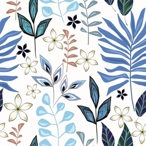 Cute floral tropical pattern. White flowers, blue leaves on a white background.