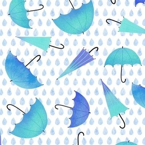 Blue raindrops and umbrellas on white watercolor nursery pattern