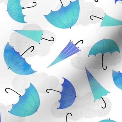 Blue  umbrellas and clouds on white watercolor nursery pattern