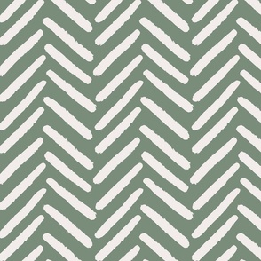 Organic herringbone textured lines on green and cream-block print