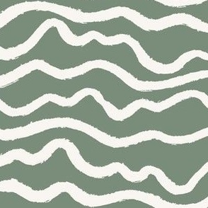 Hand painted textured wriggly organic stripe in green and cream 