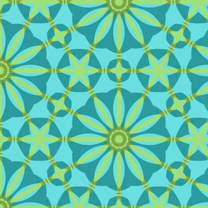 Flowers interconnected in geometric  green flowers in turquoise background 