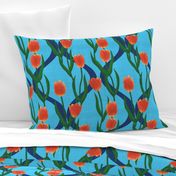 Big Vibrant Orange Tulips on Bright Blue Ogee Vine