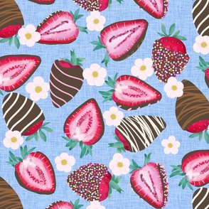 Chocolate covered strawberries on blue linen