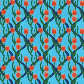 Small Vibrant Orange Tulips on Bright Blue Ogee Vine