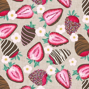Chocolate covered strawberries on natural linen