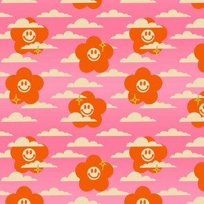 Retro 1970s  Flower Smiley Faces In Clouds And Small Stars