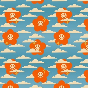 Retro 1970s  Flower Smiley Faces In Clouds And Small Stars