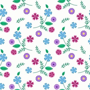 Cute retro floral pattern. Blue, lilac, crimson flowers on a white background.