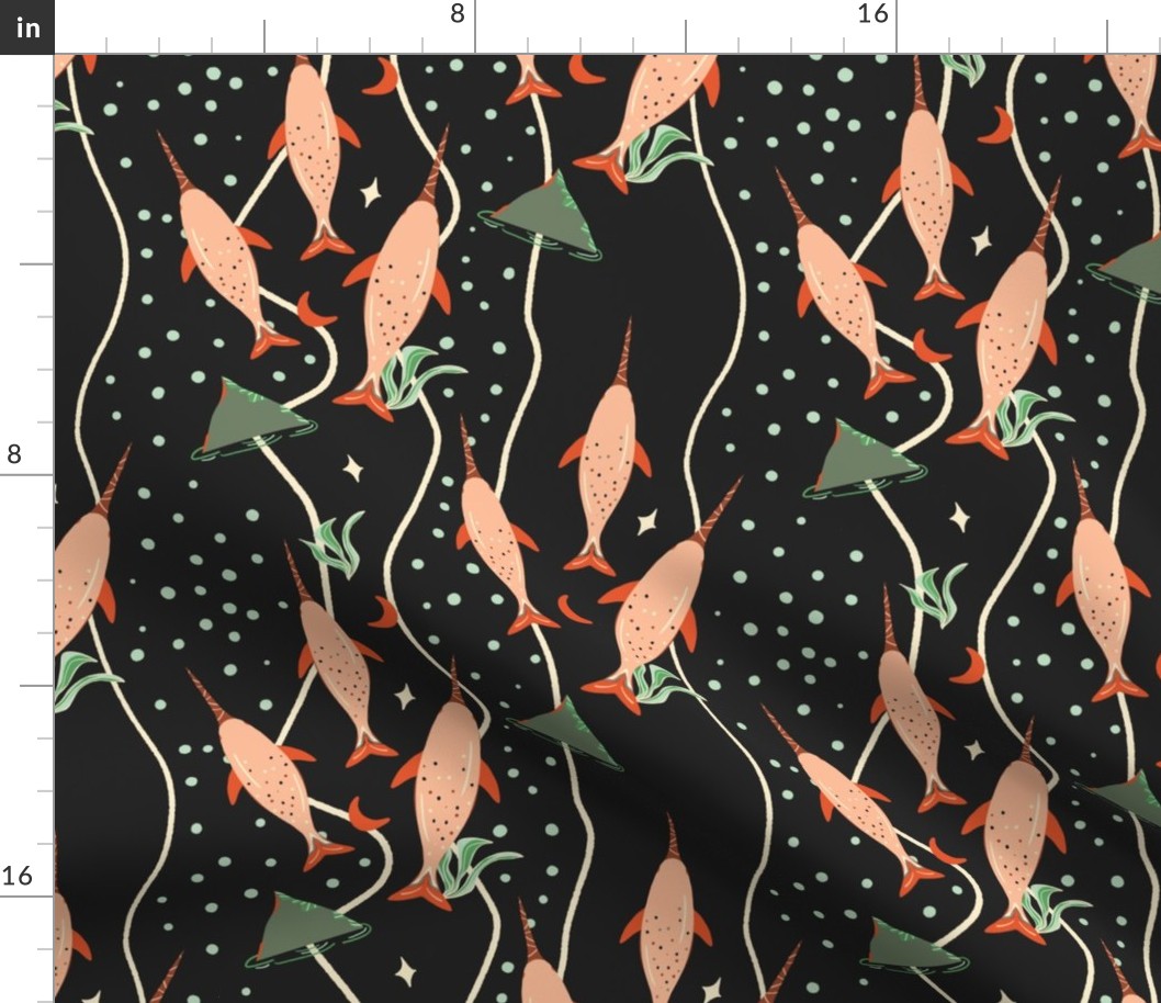 Narwhals swimming through - orange, green and black