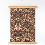 forest biome maximalist trellis in peach, brown, black purple and gold tan autumnal earthy tones | moody  magical holy woodland wild garlic ferns deadly nightshade deer owl squirrel fox woodpecker glowworms dragonfly | large