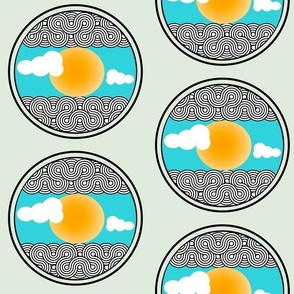 Circle with Japanese Waves, Sun and Clouds 