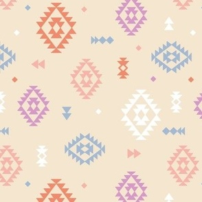 Colorful Aztec Abstract Plaid design - Moroccan kelim style textile rug design pink orange lilac on cream vanilla
