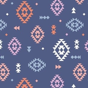 Colorful Aztec Abstract Plaid design - Moroccan kelim style textile rug design orange lilac on marine blue