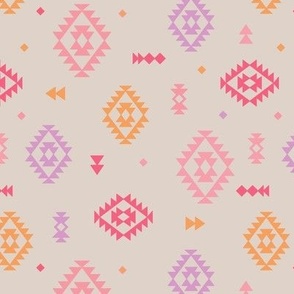 Colorful Aztec Abstract Plaid design - Moroccan kelim style textile rug design pink orange on beige