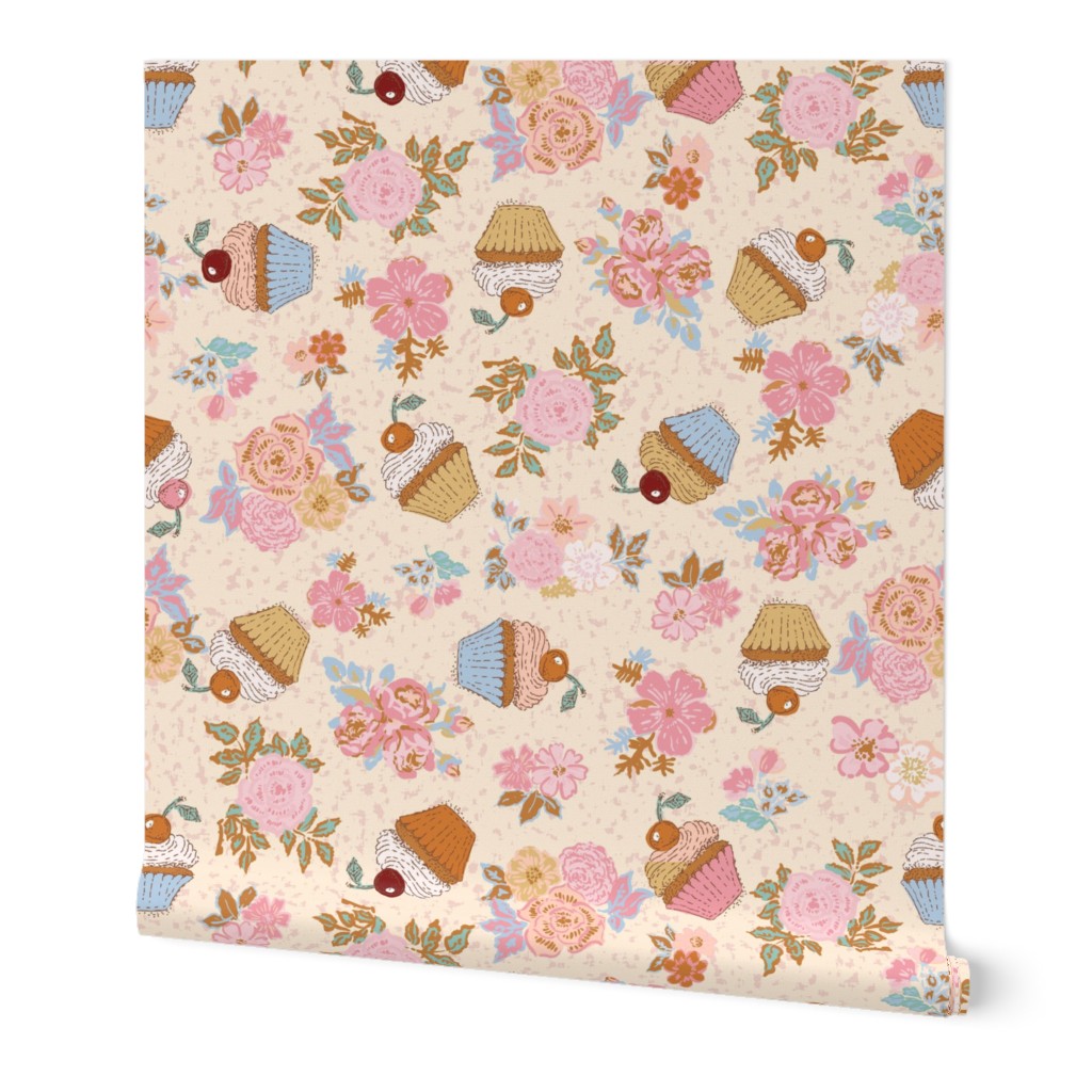 Sweet caramel cream cup cakes and delicate florals on light peachy orange background Large scale