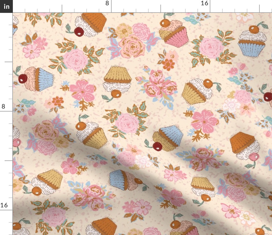 Sweet caramel cream cup cakes and delicate florals on light peachy orange background Large scale