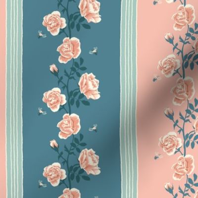 Garden Stripe Rose Vine in Teal Blue