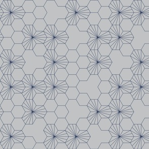 (M) Geometric blue flowers in a honeycomb over gray background 1