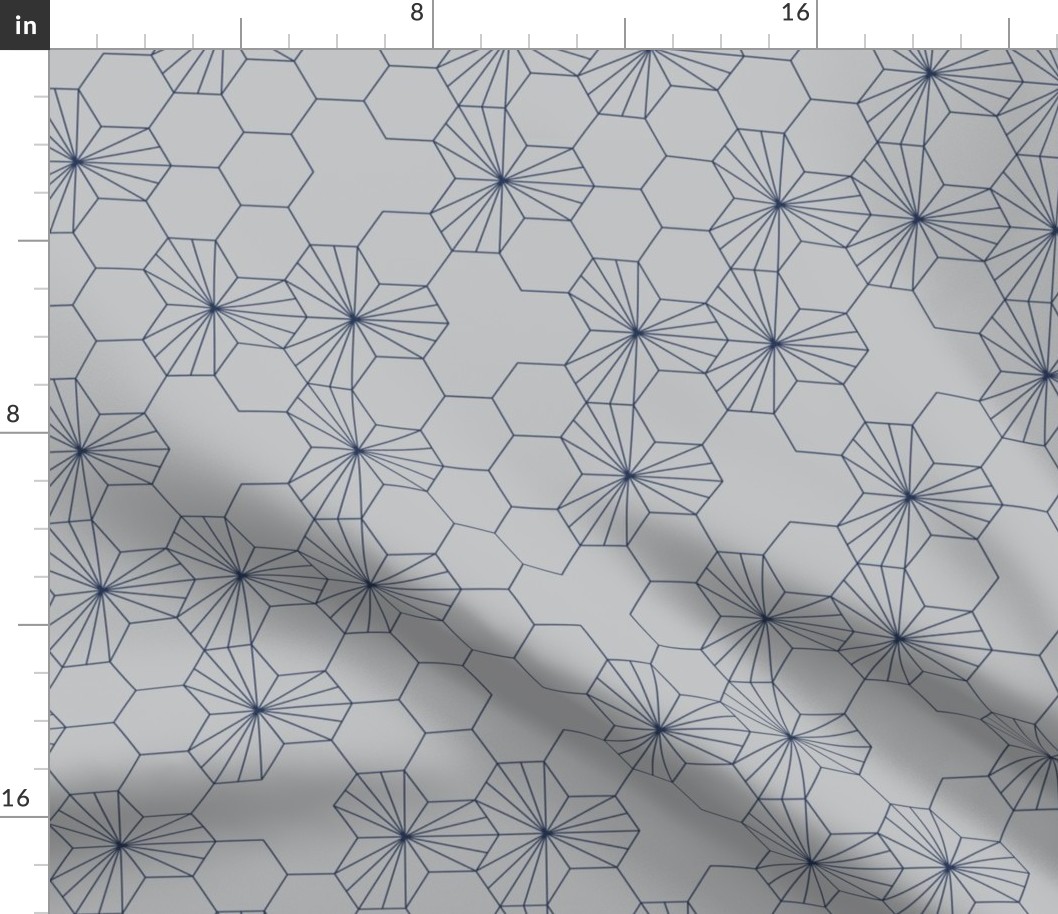 (M) Geometric blue flowers in a honeycomb over gray background 1
