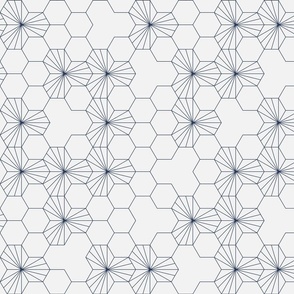 (M) Geometric blue flowers in a honeycomb over light gray background 1