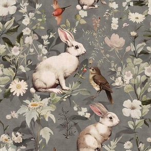 Garden Bunny Rabbits and Birds: White Rabbits with Floral Woodland Nursery Woven Mock Textured Linen Classic Gray