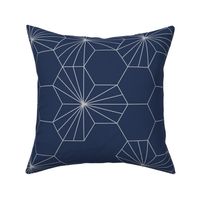 (L) Geometric gray flowers in a honeycomb over blue background 1