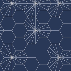 (L) Geometric gray flowers in a honeycomb over blue background 1