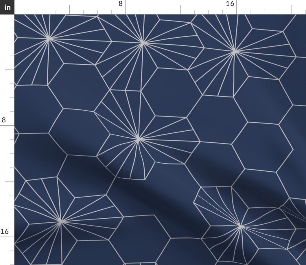 (L) Geometric gray flowers in a honeycomb over blue background 1