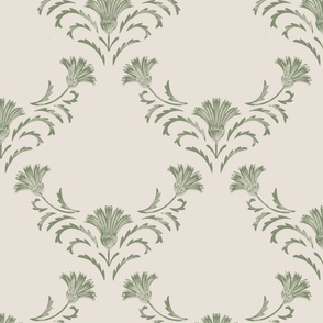 (L) Elizabeth, a French country cottage core design in deep sage green and alabaster off white