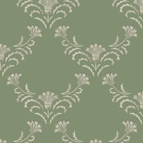 (L) Elizabeth, a French country cottage core design in deep sage green and alabaster off white