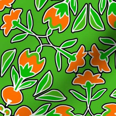 Folk Art Tulips and Radishes Hexagon in Green and Orange