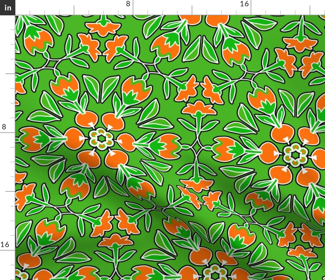 Folk Art Tulips and Radishes Hexagon in Green and Orange