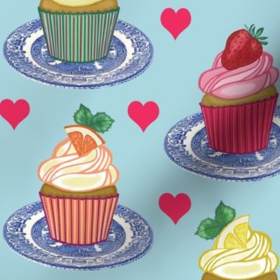 Fruit Cupcakes Love - Cottagecore - Kitschy Cakes - Desserts - Red Hearts - Vintage China Plates - on Pale Blue