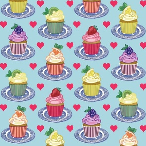 Fruit Cupcakes Love - Cottagecore - Kitschy Cakes - Desserts - Red Hearts - Vintage China Plates - on Pale Blue