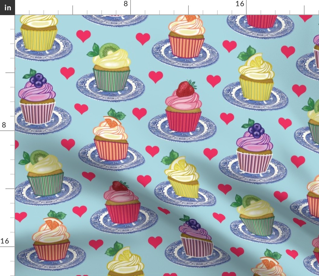 Fruit Cupcakes Love - Cottagecore - Kitschy Cakes - Desserts - Red Hearts - Vintage China Plates - on Pale Blue