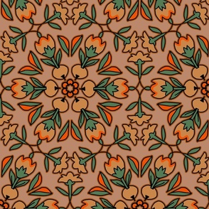 Folk Art Tulips and Radishes Hexagon in Beige Orange and Sage Green