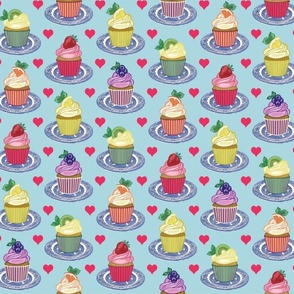 Small Fruit Cupcakes Pattern - Red Hearts on Pale Blue - Cake Food Art - Baking 