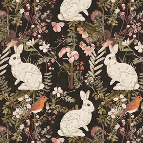 Vintage Forest Fauna: White Bunnies and Red Robins with Pink Blooms on Black Textured Background