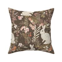 Vintage Forest Fauna: White Bunnies and Red Robins with Pink Blooms on Brown Textured Background
