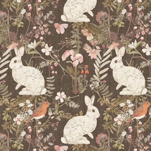 Vintage Forest Fauna: White Bunnies and Red Robins with Pink Blooms on Brown Textured Background