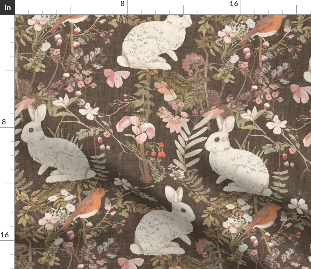 Vintage Forest Fauna: White Bunnies and Red Robins with Pink Blooms on Brown Textured Background