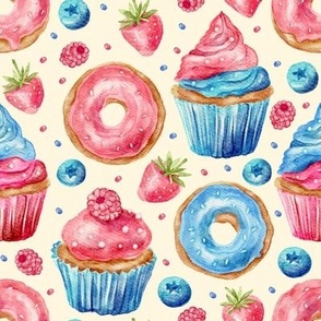 Watercolor Cake Cupcake and Donut.