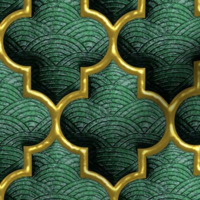 Luxe gold emerald green 3D trellis