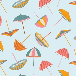 Tossed Beach Umbrellas in different shapes and colours – colourful parasols on a light blue background in a medium scale
