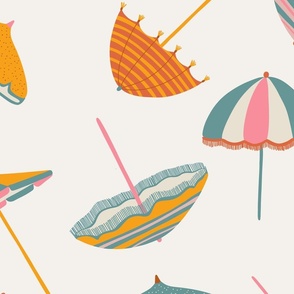 Tossed Beach Umbrellas in different shapes and colours – colourful parasols on an off white background in a large scale