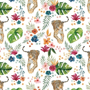 Tropical Jungle Jaguar with Jungle Floral on White 12 inch